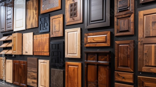 Display of assorted high-end wood cabinet doors, merging vintage aesthetics with modern luxury