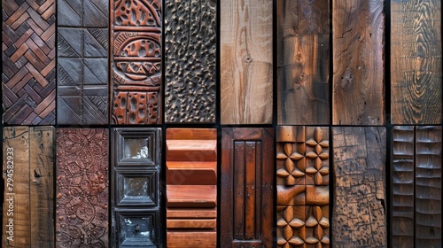 Detailed showcase of wood textures on luxury and vintage cabinet doors, arranged for market appeal