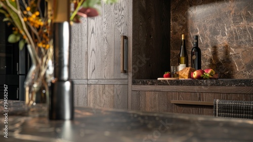 Elegant close-up of luxury wood textures on contemporary cabinet doors, set in a market environment