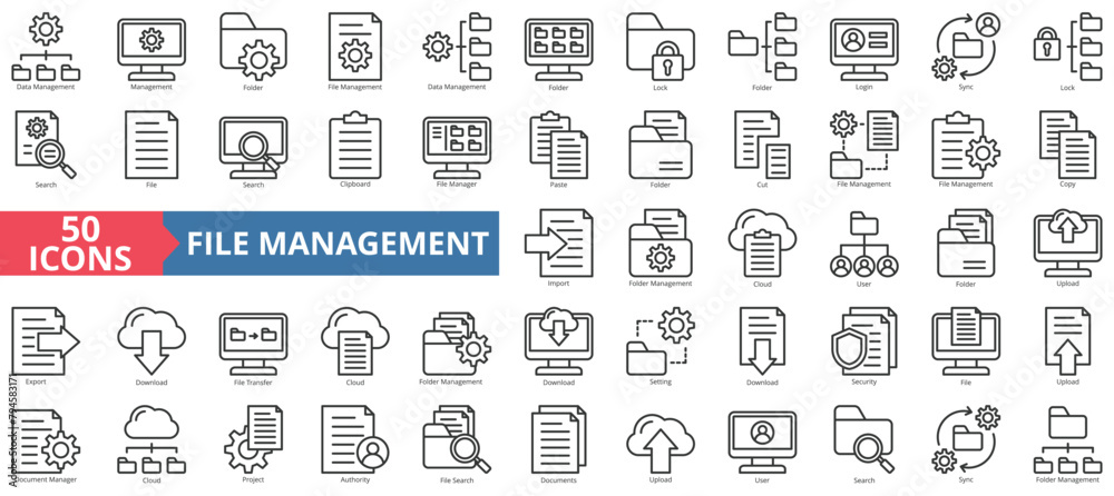 File management icon collection set. Containing data, folder, lock, login, sync, lock, search icon. Simple line vector. File management icon collection set. Containing data, folder, lock, login, sync, lock, search icon. Simple line vector.