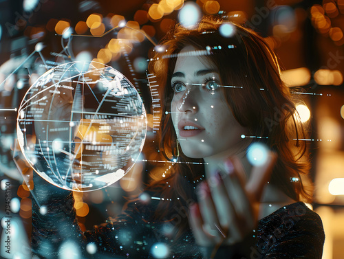 woman, brown hair, blue eyes, abstract, holographic, globe, data, graphs, white lines, glass surface, background, blurred light spots, cozy atmosphere, hand up, talking, presenting, camera, focused, h