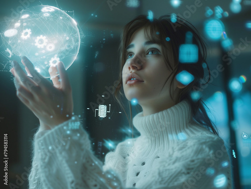 woman, brown hair, blue eyes, abstract, holographic, globe, data, graphs, white lines, glass surface, background, blurred light spots, cozy atmosphere, hand up, talking, presenting, camera, focused, h