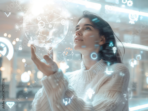 woman, brown hair, blue eyes, abstract, holographic, globe, data, graphs, white lines, glass surface, background, blurred light spots, cozy atmosphere, hand up, talking, presenting, camera, focused, h