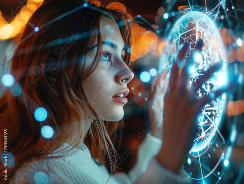 woman, brown hair, blue eyes, abstract, holographic, globe, data, graphs, white lines, glass surface, background, blurred light spots, cozy atmosphere, hand up, talking, presenting, camera, focused, h