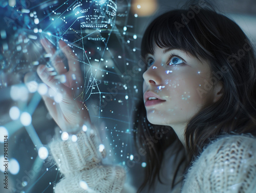 woman, brown hair, blue eyes, abstract, holographic, globe, data, graphs, white lines, glass surface, background, blurred light spots, cozy atmosphere, hand up, talking, presenting, camera, focused, h