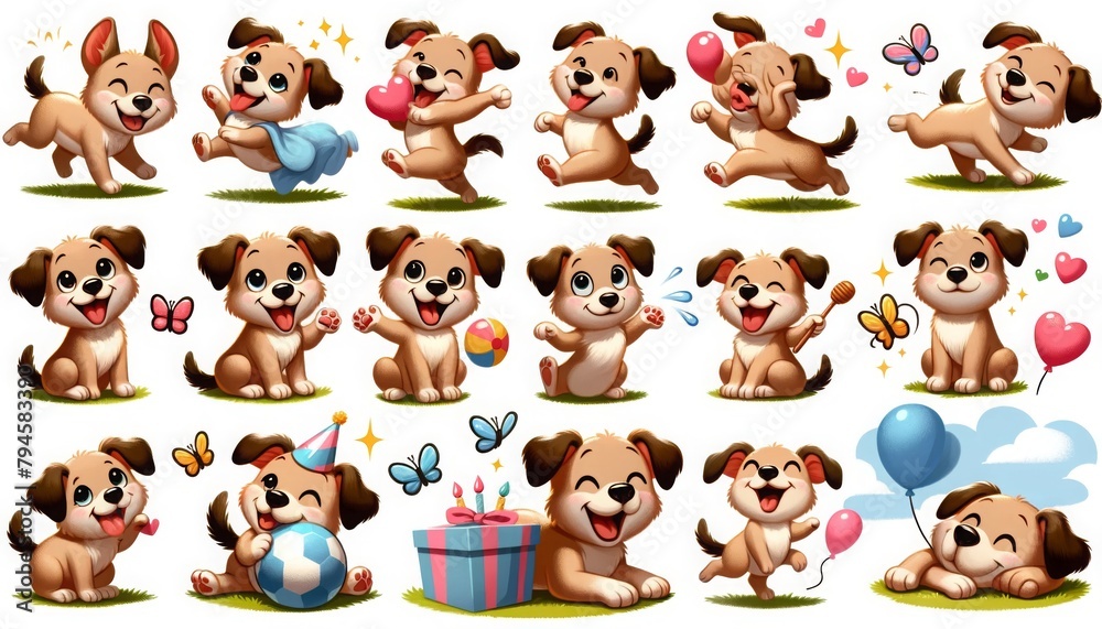 An adorable set of cartoon puppies engaged in playful activities, showcasing joyful expressions and surrounded by colorful toys and balloons.
