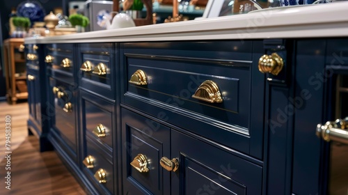 Elegant navy blue cabinet doors with shiny golden handles displayed in a market-like setting