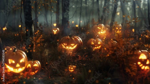 A macabre gathering in a haunted forest, where pumpkins carved with ghastly faces light up the underbrush, and dead trees whisper secrets in the wind.