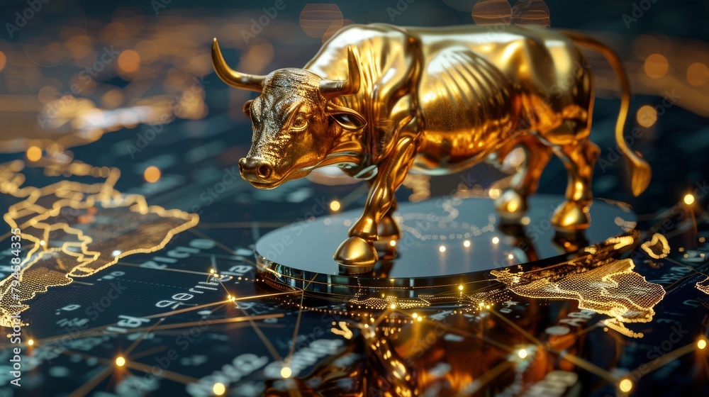 A golden bull statue strategically placed on a reflective surface with illuminated financial charts symbolizing market strength. A golden bull statue strategically placed on a reflective surface with illuminated financial charts symbolizing market strength.