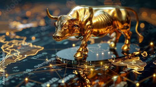 A golden bull statue strategically placed on a reflective surface with illuminated financial charts symbolizing market strength. photo