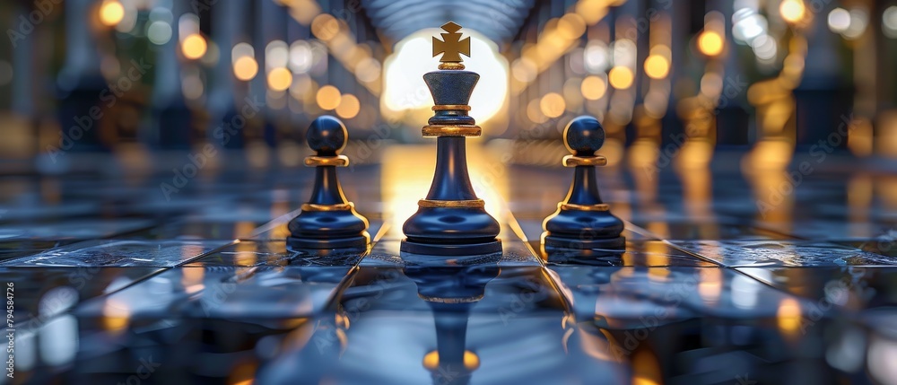 Strategic focus on a king chess piece standing tall on a reflective board with golden bokeh lights.