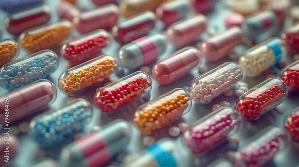 colorful pills and capsules, scattered and arranged - obrazy, fototapety, plakaty 