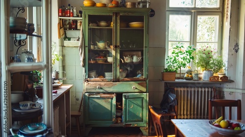 Vintage charm in an old kitchen cabinet  doors ajar  surrounded by a bright  modern setting