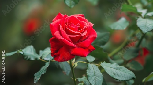 A blooming red rose in the garden