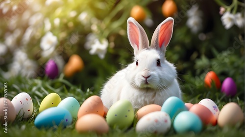 A white rabbit rests in a verdant landscape surrounded by vibrant Easter eggs. Easter Bunny on a lawn in a spring meadow. Easter is a Christian celebration and cultural holiday concept, often known as