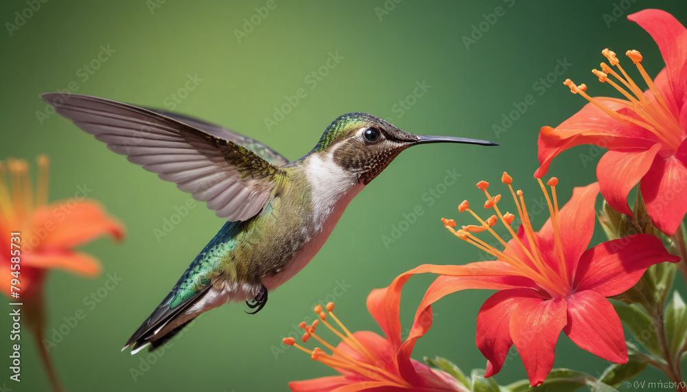 Hummingbird Hovering Near Bright Flowers