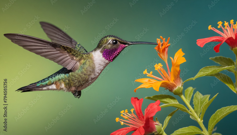 Fototapeta premium Hummingbird Hovering Near Bright Flowers