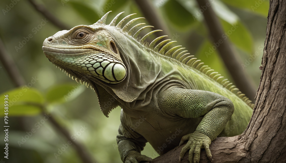 Fototapeta premium Green Iguana Perched on Tree Branch