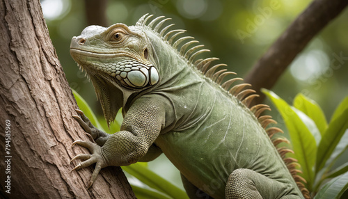 Green Iguana Perched on Tree Branch