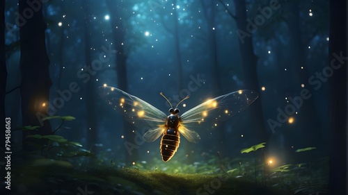 A surreal and abstract picture of a firefly soaring through a night woodland. Idea of a fairy tale.