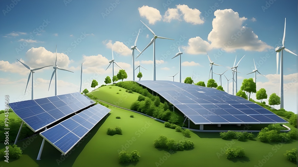 Conceptual illustration of green energy integration with solar panels, wind turbines, and environmentally friendly technology - obrazy, fototapety, plakaty 