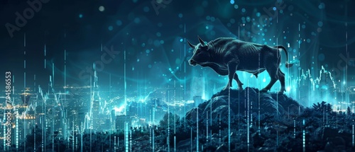 A digital bull stands on a hill overlooking a futuristic cityscape, depicting technological advancement.