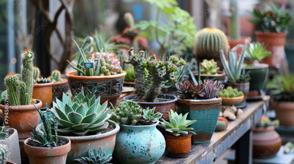 A small patio filled with an assortment of succulents and cacti, an individual carefully arranging the pots to create a desert-inspired theme.