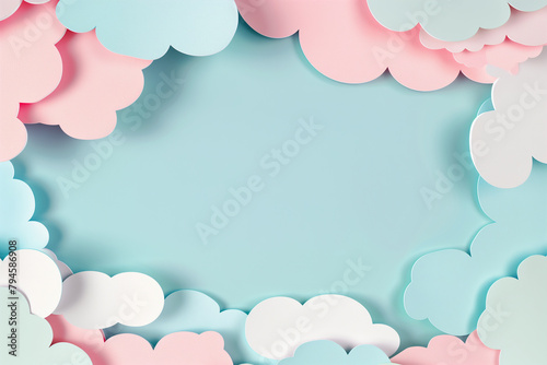 파스텔 색상의 종이 일러스트, 가운데 빈 공간, 측면의 종이 구름. 컷아웃 종이로 만든 구름이 있는 하늘색 하늘 배경. photo