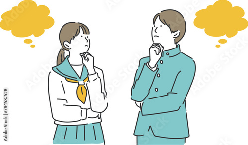上を向いて考えている男女の学生イラスト