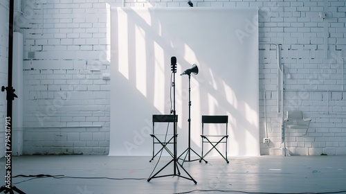 architecture photo a large white room, focusing on a basic microphone and stand with folding chairs behind it, against a fully painted white brick wall photo