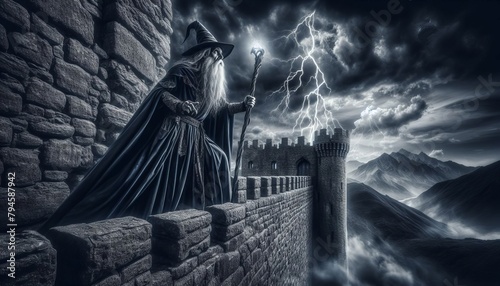A Dramatic Image of A Powerful Wizard Standing At His Post On A Castle Wall Clutching His Staff And Summoning His Magical Powers