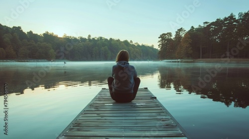 A graphic designer sits on a wooden dock overlooking a tranquil lake. The serene and minimalistic setting reflects their love for simplicity and clean lines in their work. . photo