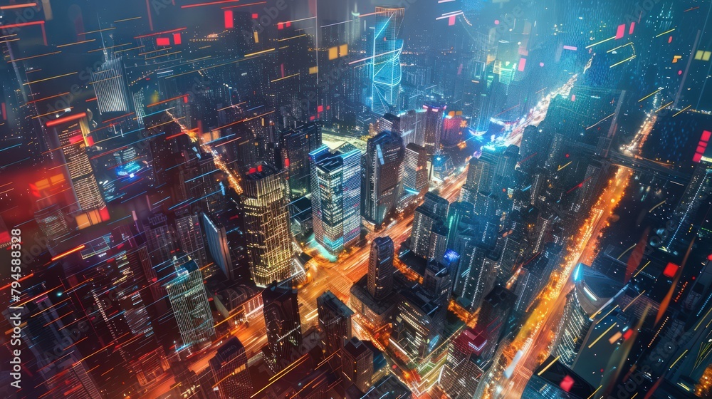 Smart city skyscraper view, technology icons, internet of things, with smart services networks background concept. Neon light speed access 5G internet symbol. Smart city skyscraper view, technology icons, internet of things, with smart services networks background concept. Neon light speed access 5G internet symbol.