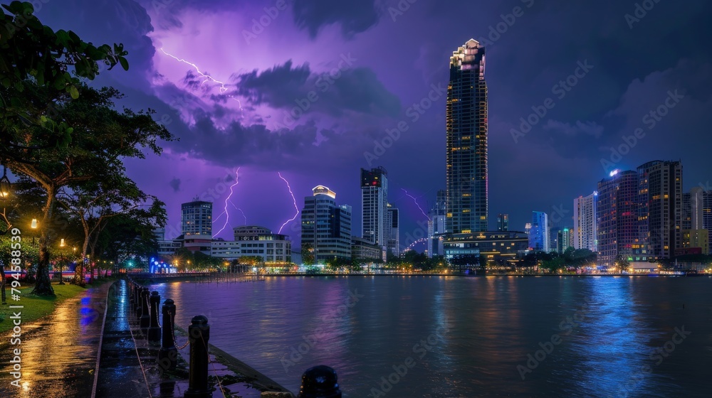 Fototapeta premium An iconic city landmark, momentarily highlighted by the intense purple flash of lightning, a contrast of permanence and the ephemeral.