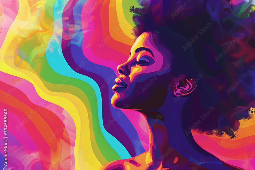 African-American lesbian woman on a rainbow background for pride day, embracing her identity with pride and resilience, advocating for equality