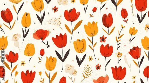 This delightful pattern features adorable small cartoon tulip flowers on a crisp white background perfect for a variety of uses including textiles fabric wrapping paper backdrops w #794588534