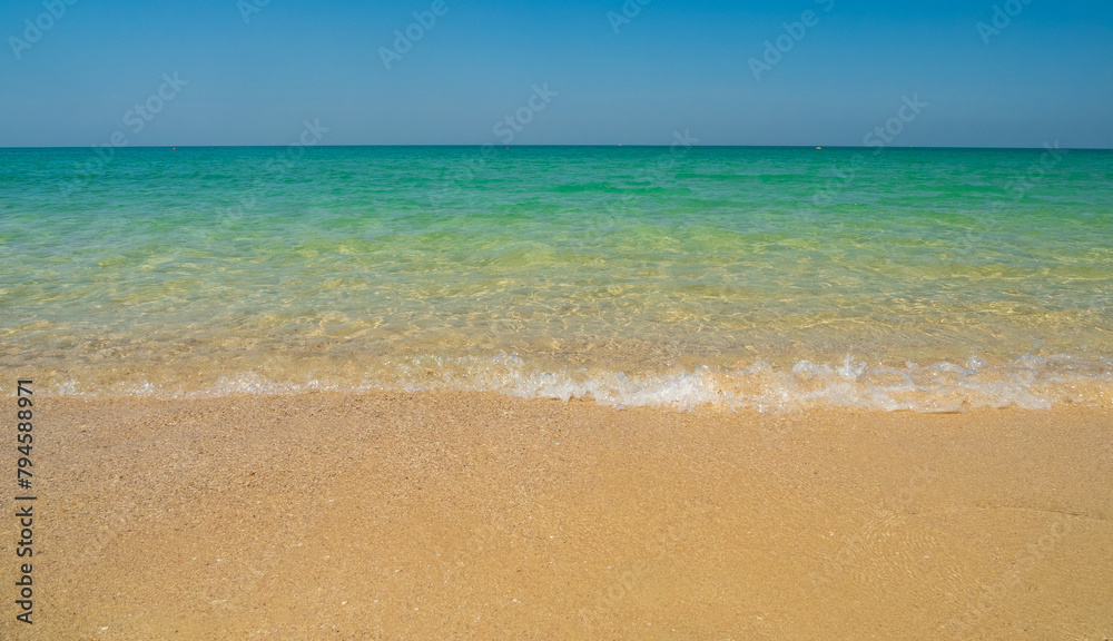 Fototapeta premium Beautiful horizon landscape summer season panorama front view point tropical sea beach white sand clean and blue sky background calm nature ocean wave water travel at Sai Kaew Beach thailand holiday