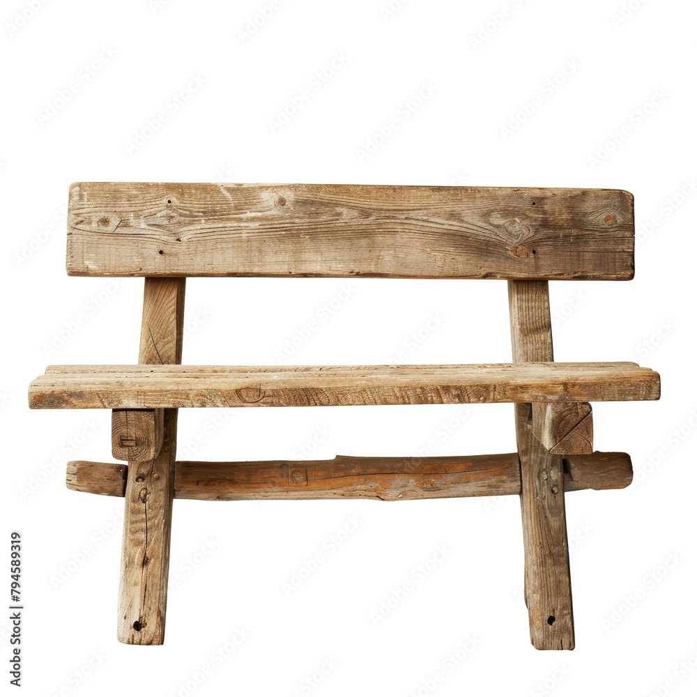 A rustic wooden bench stands alone against a transparent background A rustic wooden bench stands alone against a transparent background