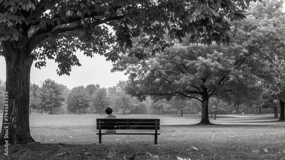 As I strolled through the park, I caught sight of a solitary figure, quietly nestled against the weathered wooden bench. 