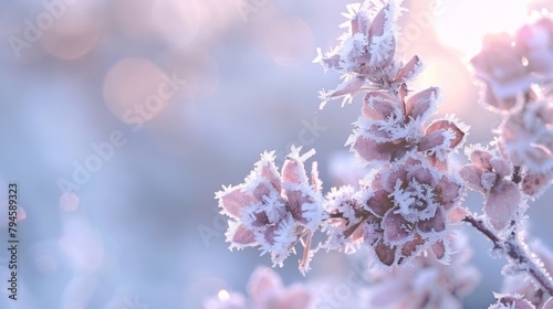 The hazy blurred background sets the stage for sparkling ice crystals and delicate frozen petals capturing the essence of icy flower frosts in a winter wonderland. .