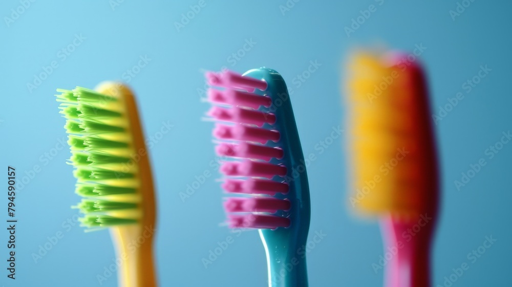 Three toothbrushes in a row on blue background