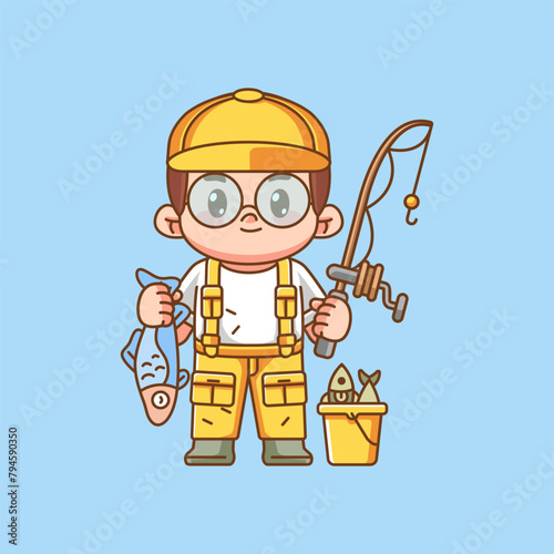 Cute glasses fisher fishing kawaii chibi character mascot illustration outline style design