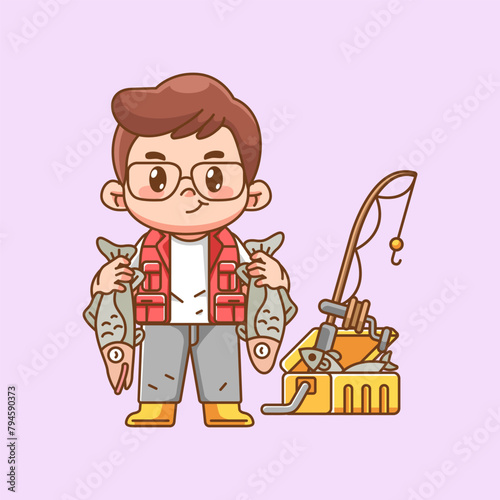 Cute friendly fisher fishing kawaii chibi character mascot illustration outline style design