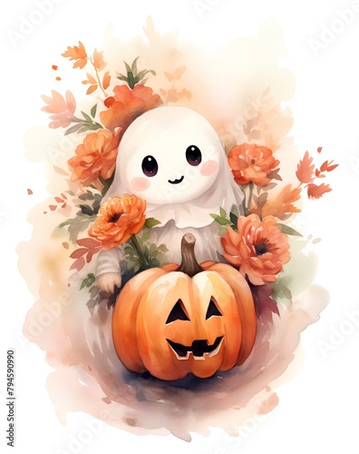 Watercolor illustration of a cute smiling ghost with pumpkins and flowers photo