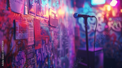 A hazy blend of neon signs concert flyers and graffitied walls set the scene for a rebellious rock show captured in a blurred background. .