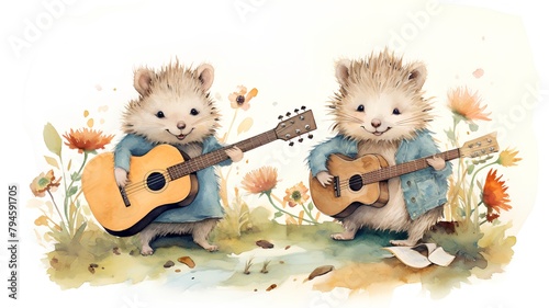 Two cute hedgehogs playing the guitar and singing. Watercolor illustration photo