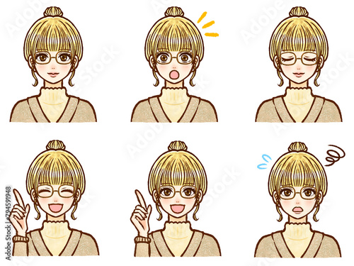 眼鏡をかけた金髪シニヨン大人女性の素材セット