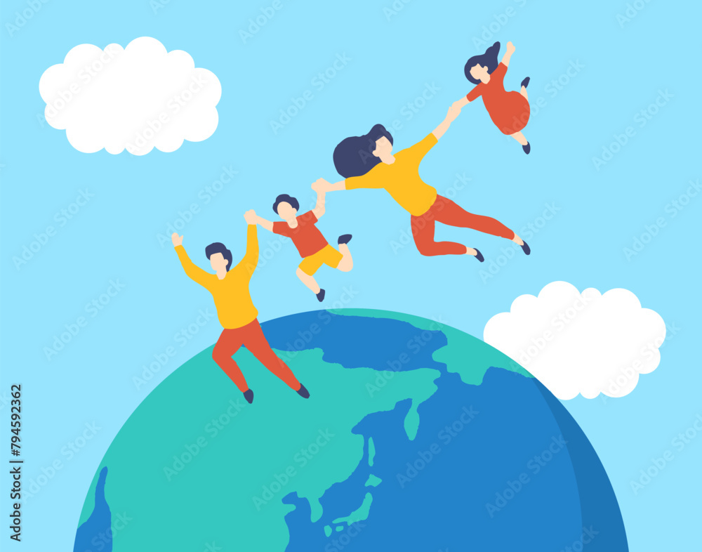 SDGsイメージの地球と空を飛ぶ家族のイラスト
