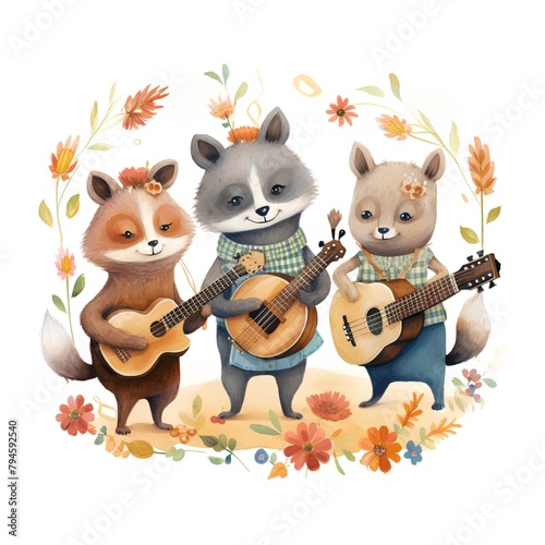 Watercolor illustration with cute animals playing guitar and singing in the garden. photo