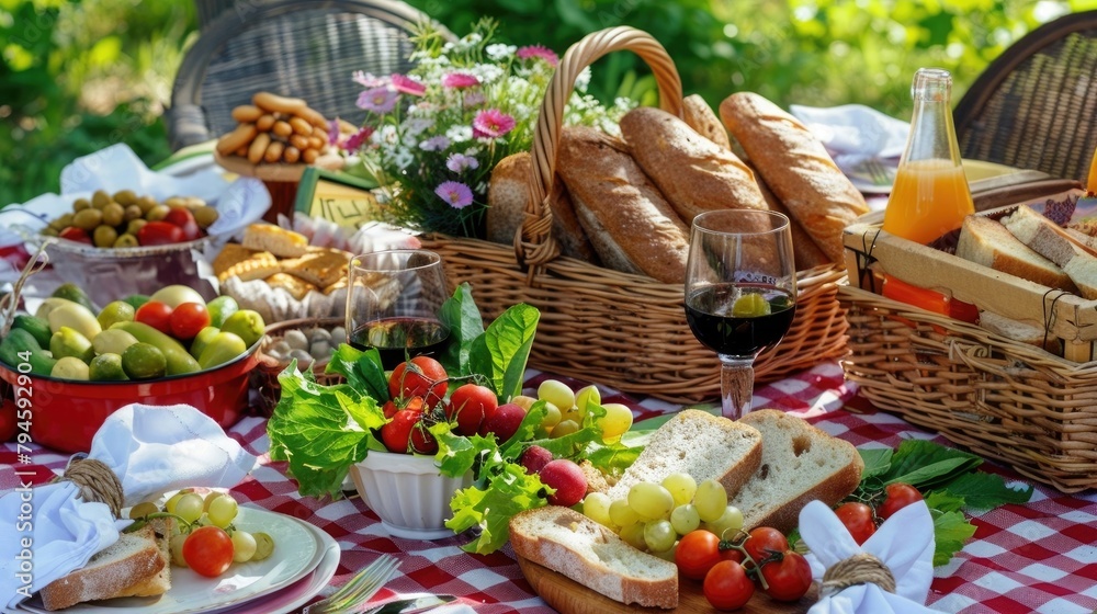 Delicious picnic spread with fresh food